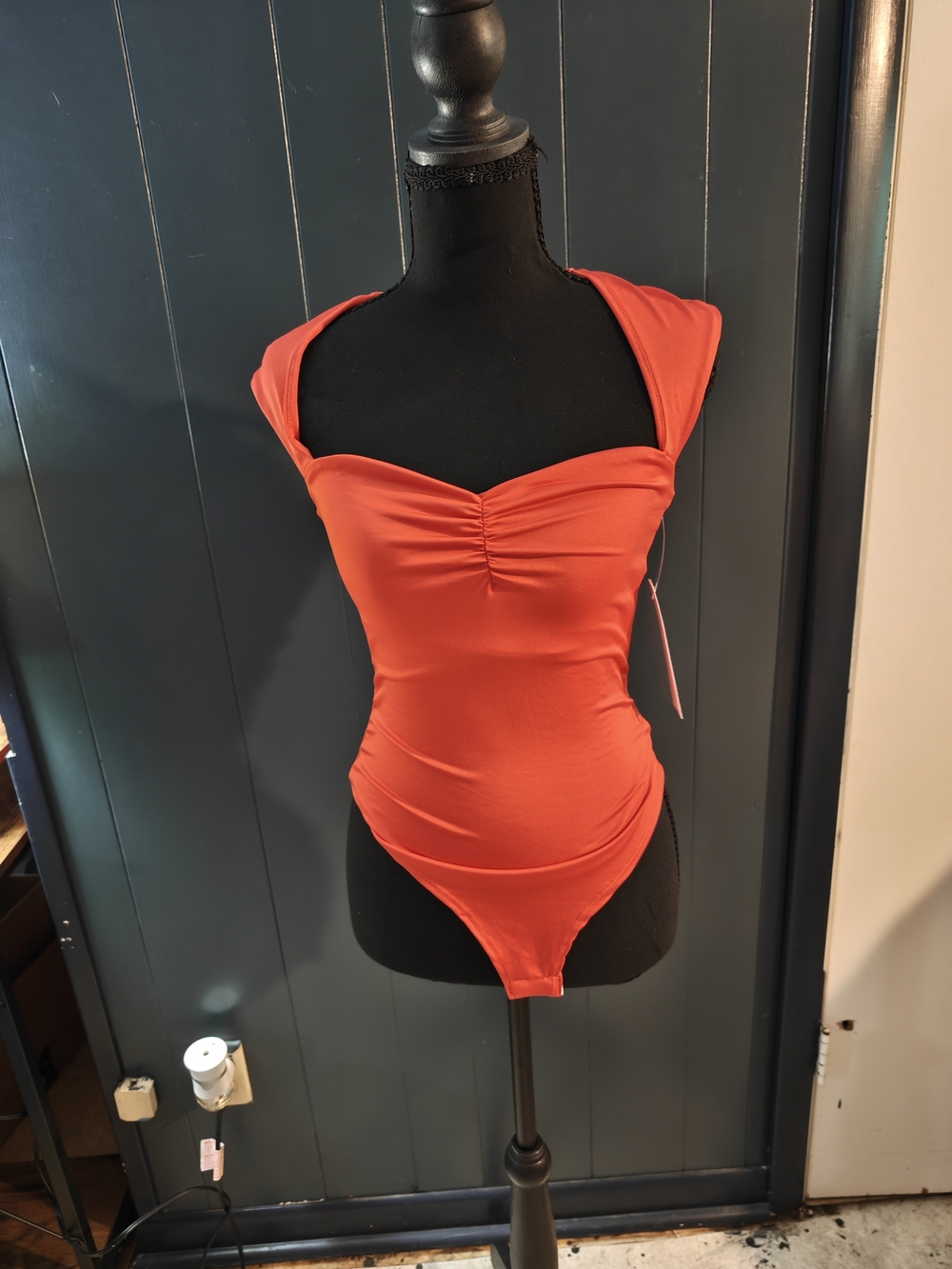 Ruched Red Cap-Sleeve Bodysuit - Sleek Stretch Fit